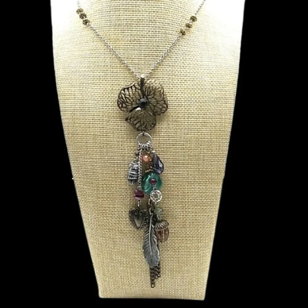 M&S Long Boho Charm Necklace Mixed Metals Colorful Beads Nature-Inspired Dangles